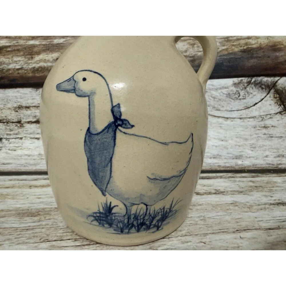 Stoneware Pitcher Jug Goose Design Cottagecore Country Blue Geese